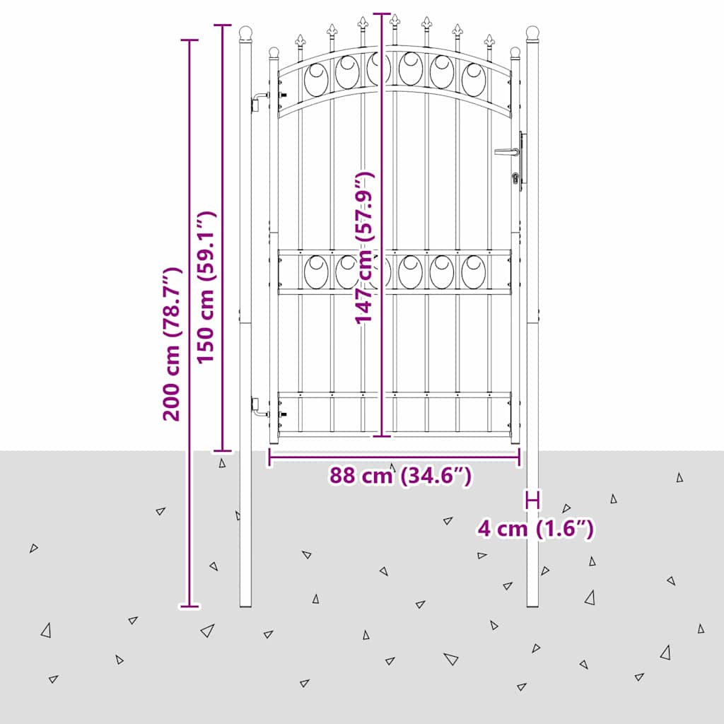 Gjerdeport med spisser Grå 200 x 100 cm Pulverlakkert stål