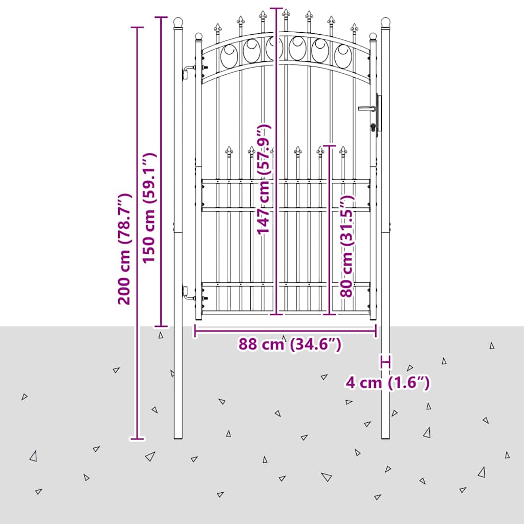 Gjerdeport med spisser Grå 200 x 100 cm Pulverlakkert stål