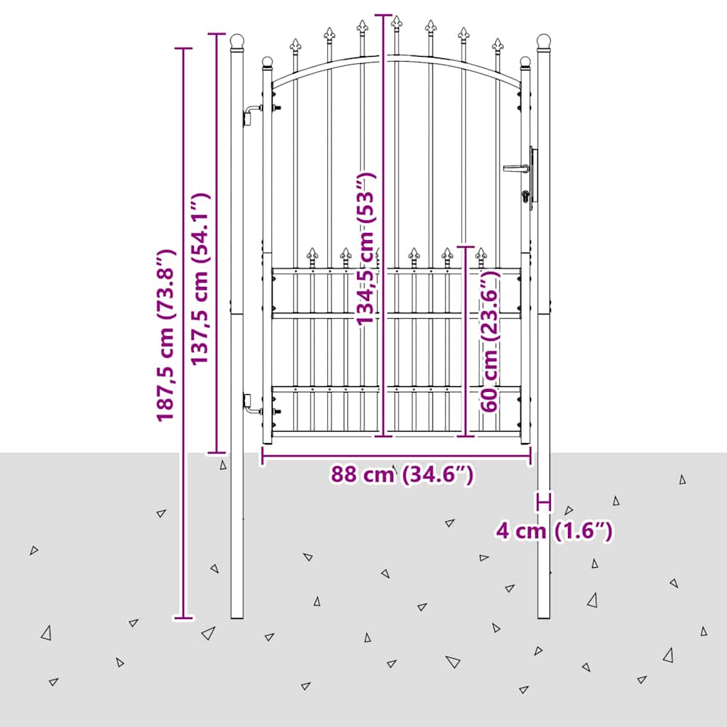 Gjerdeport med spisser Grå 170 x 100 cm Pulverlakkert stål