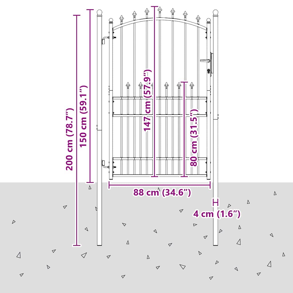 Gjerdeport med spisser Grå 200 x 100 cm Pulverlakkert stål