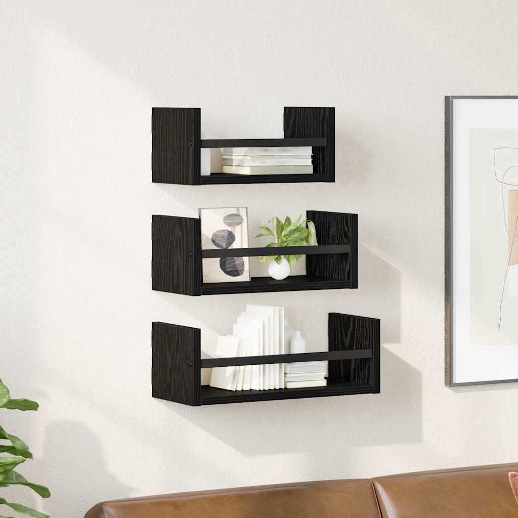 Vegghyllesett 3 pcs Svart Eik 40x16x14cm Konstruert tre
