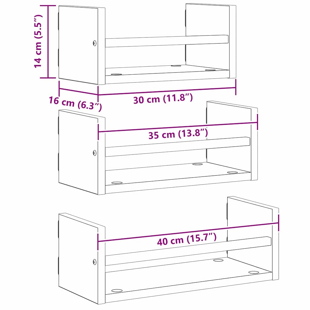Vegghyllesett 3 pcs Svart Eik 40x16x14cm Konstruert tre