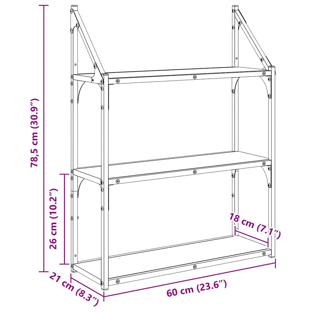 Vegghylle med hylle Svart Eik 60 x 21 x 78,5 cm Konstruert tre