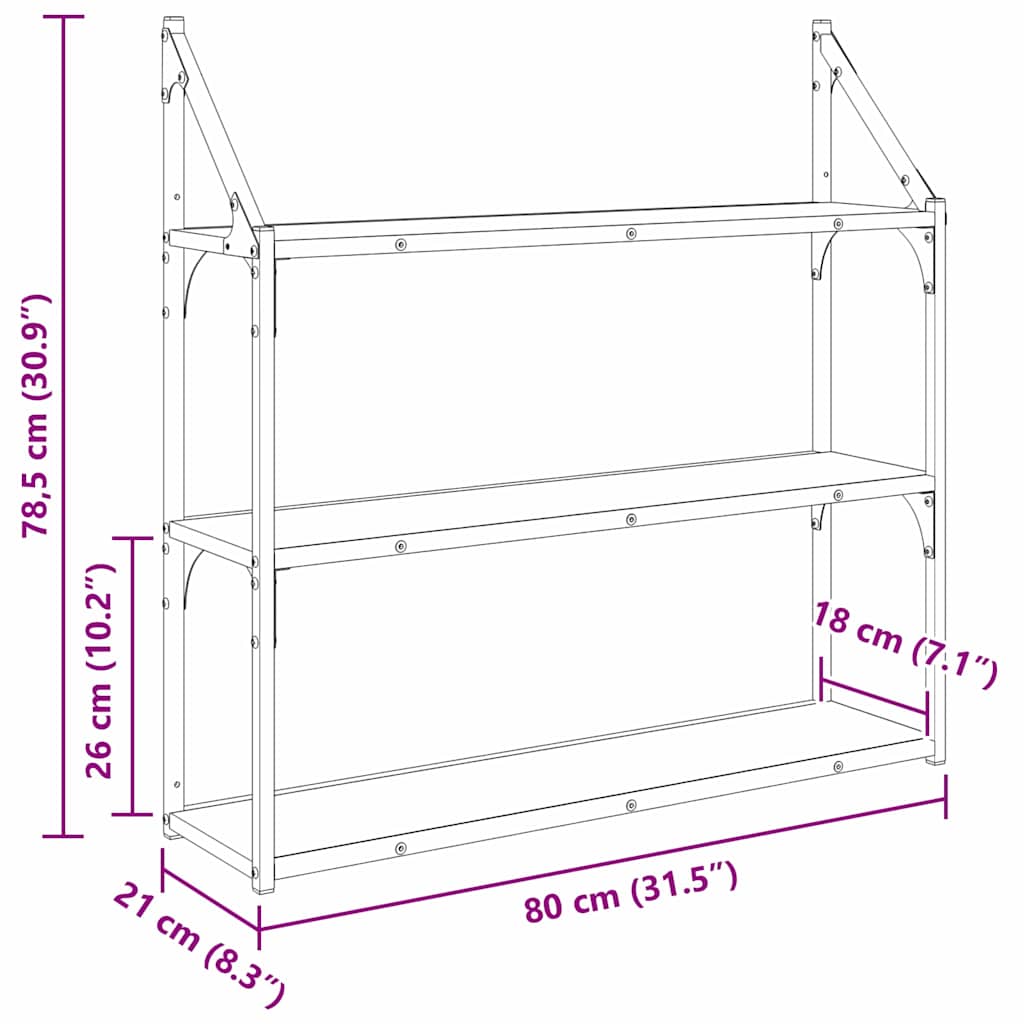 Vegghylle med hylle Svart Eik 80 x 21 x 78,5 cm Konstruert tre