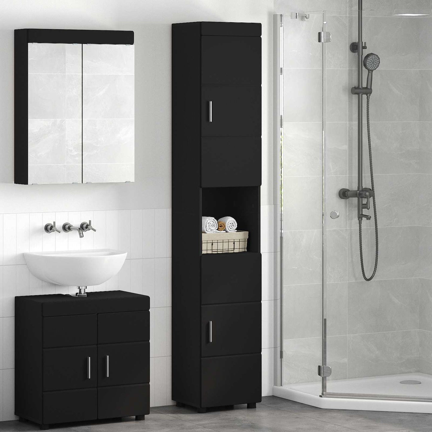 Baderomsskapsett TULUM Svart 37 x 31,5 x 203 cm Konstruert tre