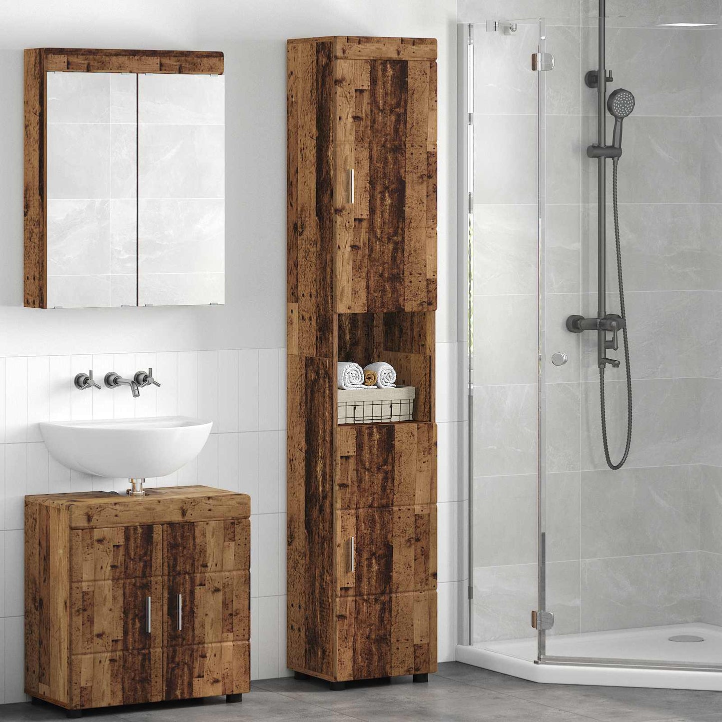 Baderomsskapsett TULUM Gammelt tre 37 x 31,5 x 203 cm