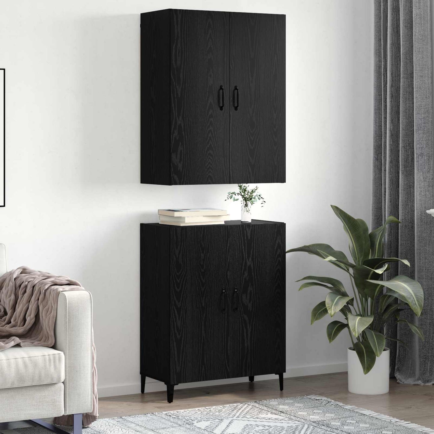 Høyskap 2 pcs Svart Eik Konstruert tre