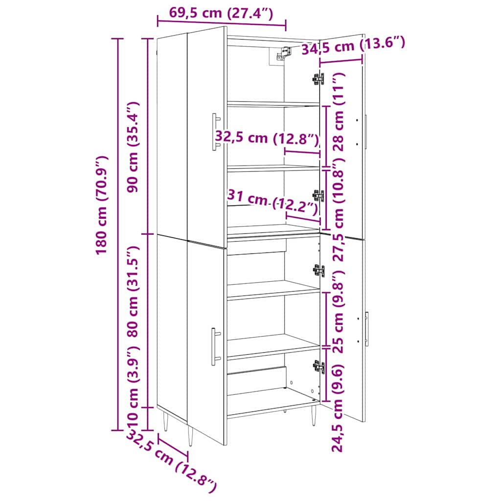 Høyskap Svart eik 69.5 x 34 x 180 cm Konstruert tre