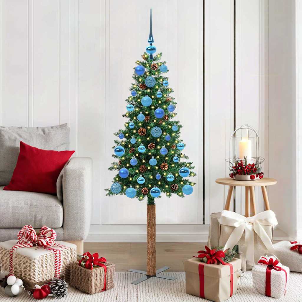 Slim juletre med 150 LED grønn 150 cm PVC og Massivt Furu tre