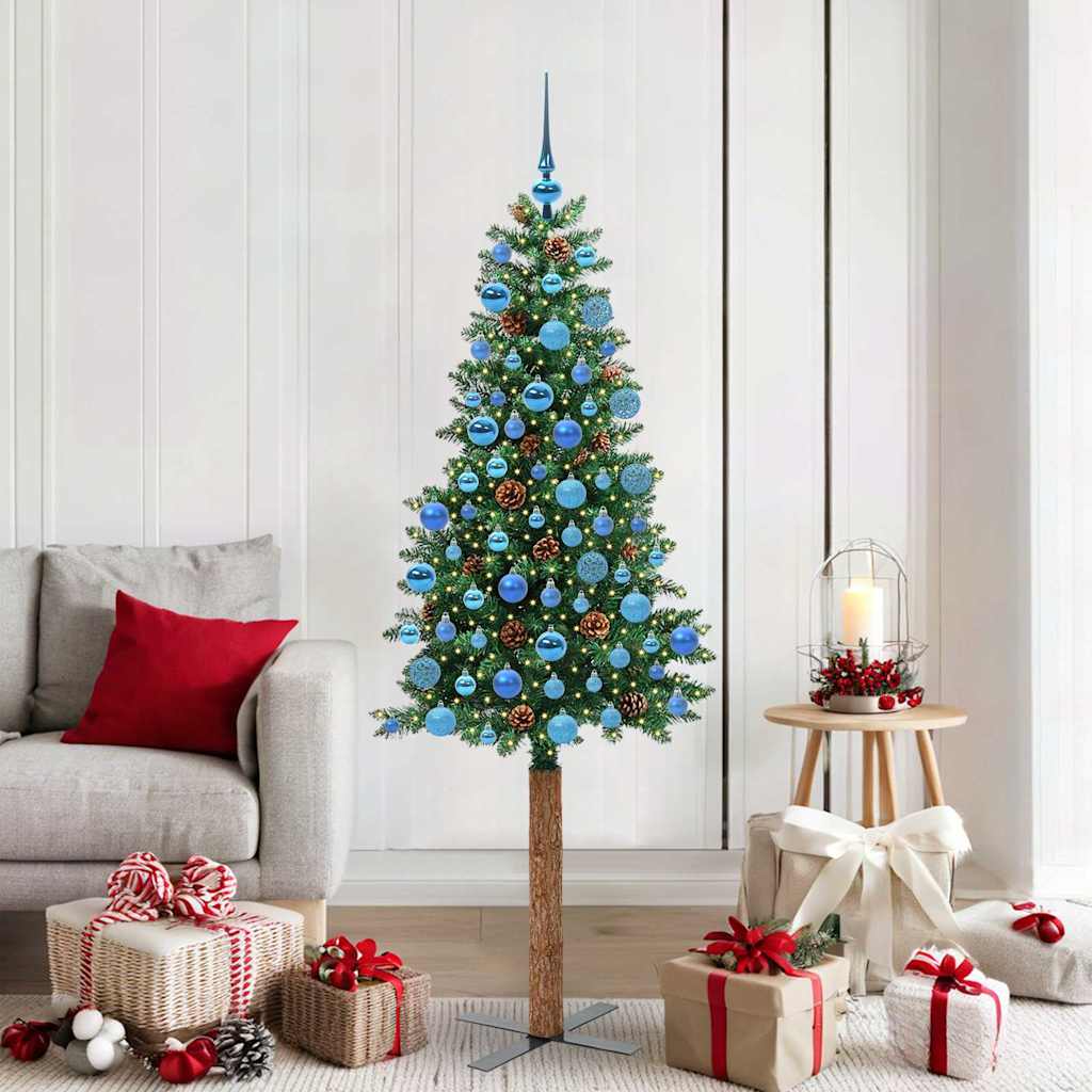 Slim juletre med 300 LED grønn 180 cm PVC og Massivt Furu tre