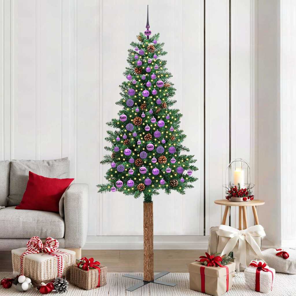 Slim juletre med 300 LED grønn 210 cm PVC og Massivt Furu tre