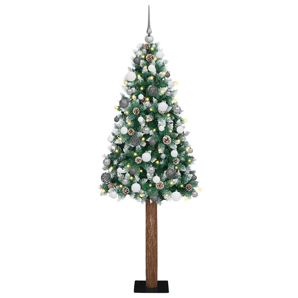 Slim juletre Grønn og hvit 180 cm PVC og Massivt Furu tre