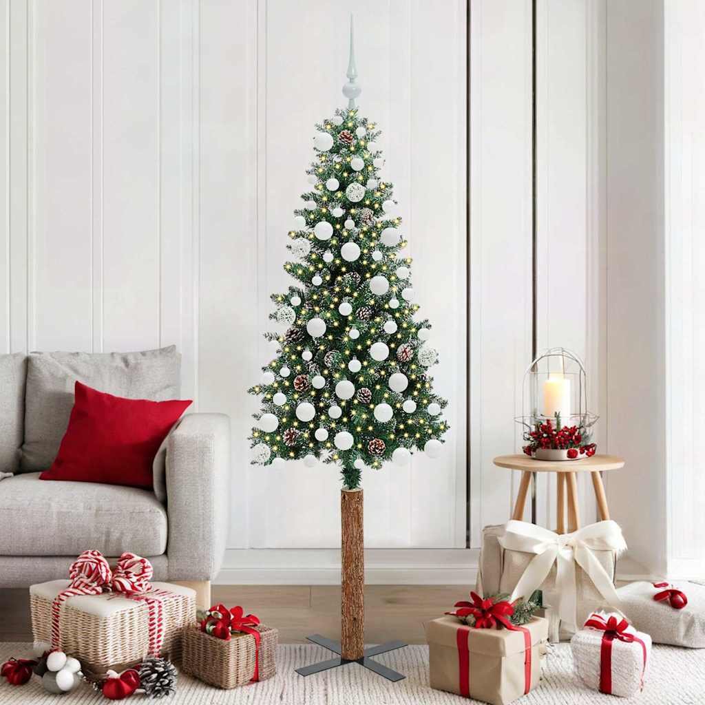 Slim juletre med 300 LED grønn 180 cm PVC og Massivt Furu tre