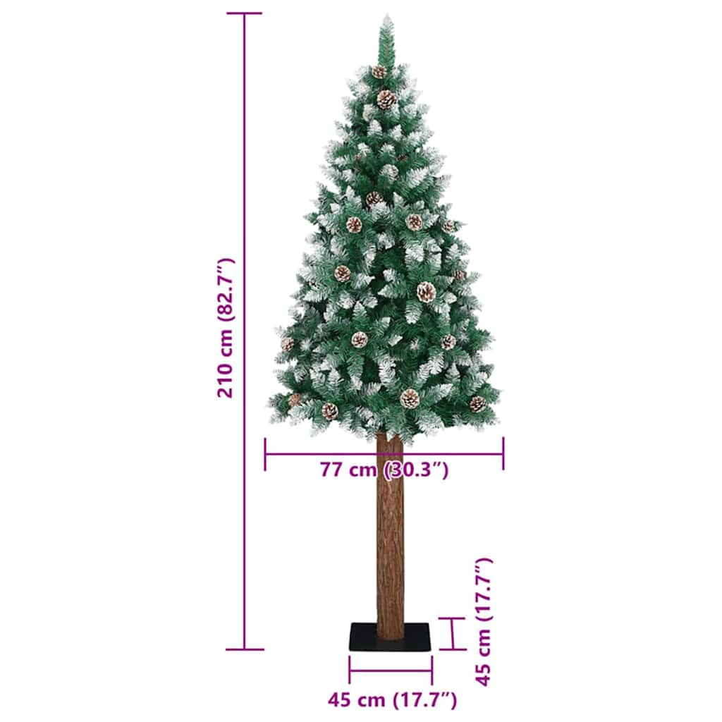 Slim juletre Grønn og hvit 210 cm PVC og Massivt Furu tre