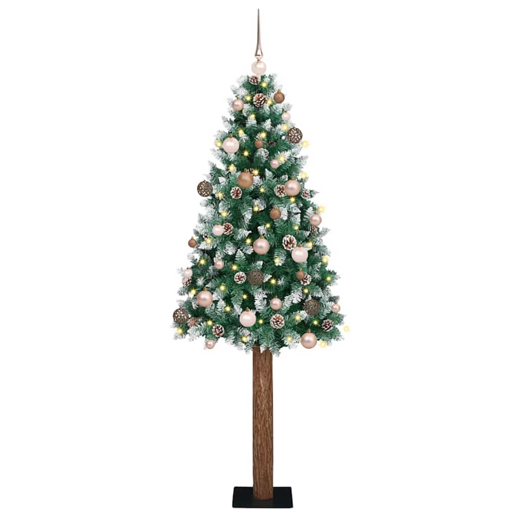 Slim juletre Grønn og hvit 210 cm PVC og Massivt Furu tre