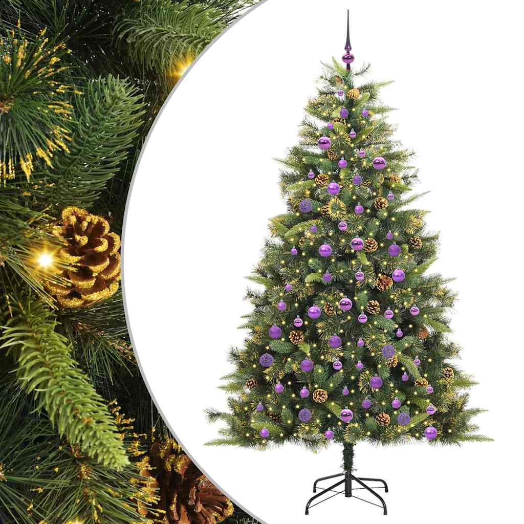 Kunstig hengslet juletre med kjegler grønn 210 cm