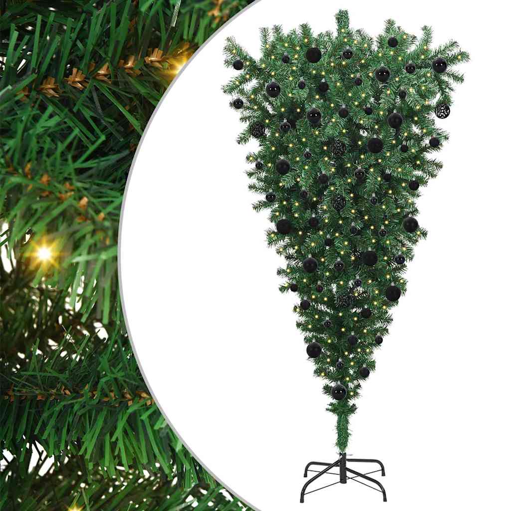 Opp-ned kunstig forbelyst juletre med kulepakke grønn 210 cm