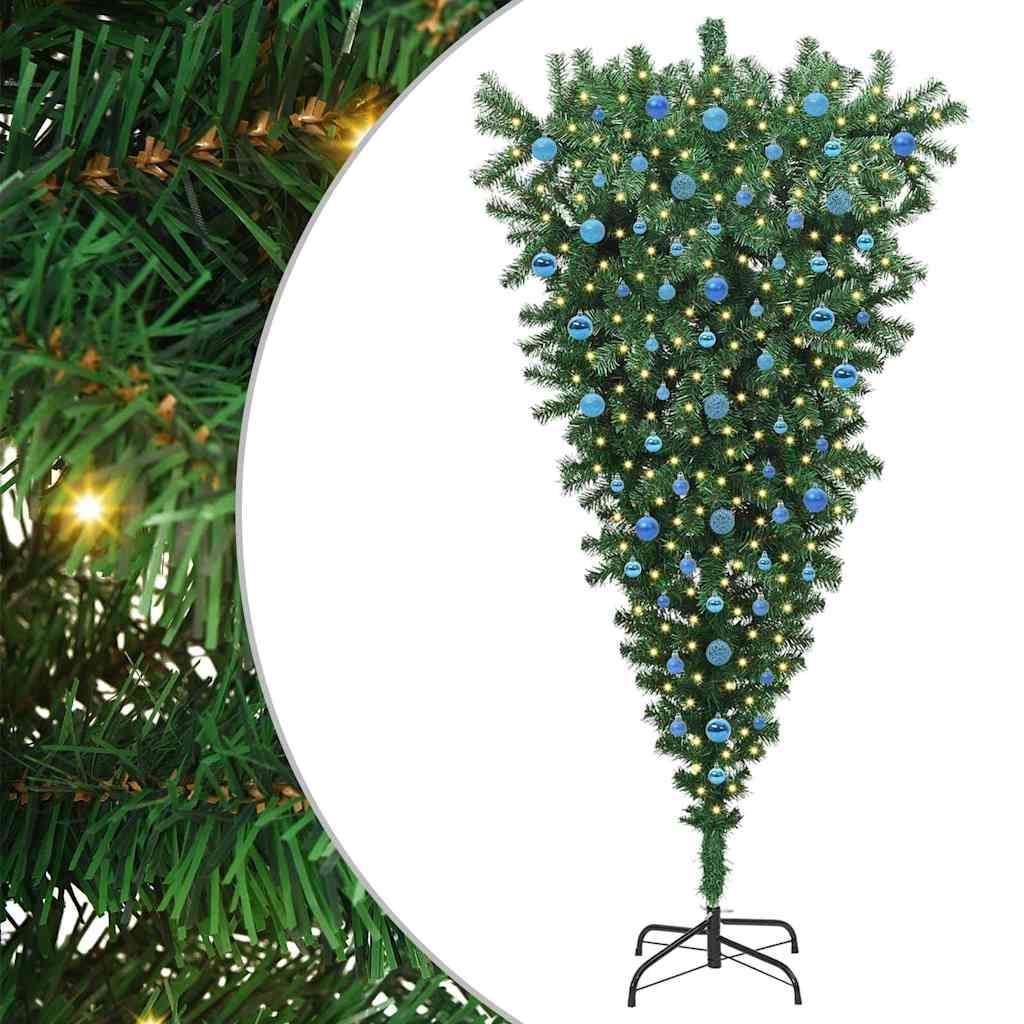 Opp-ned kunstig forhåndsbelyst juletre med kule-sett 210 cm PVC