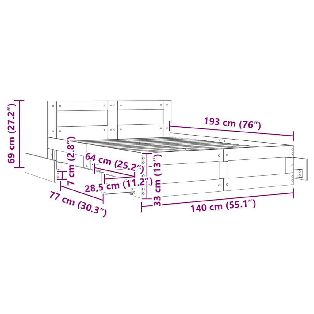 Sengestamme med skuff Hvit 137 x 188 cm Konstruert tre