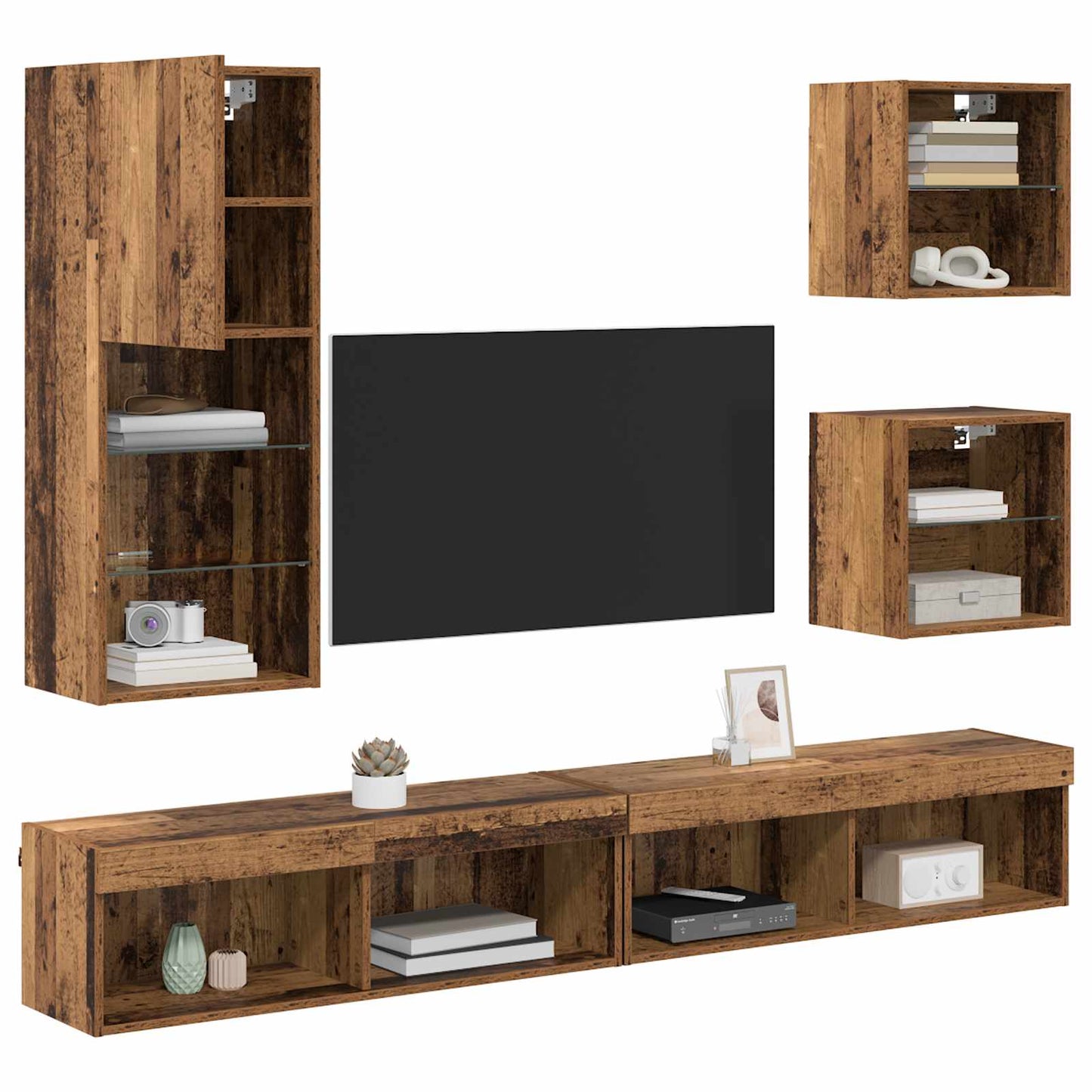 TV veggenheter med LED 5 pcs Gamle tre Konstruert tre