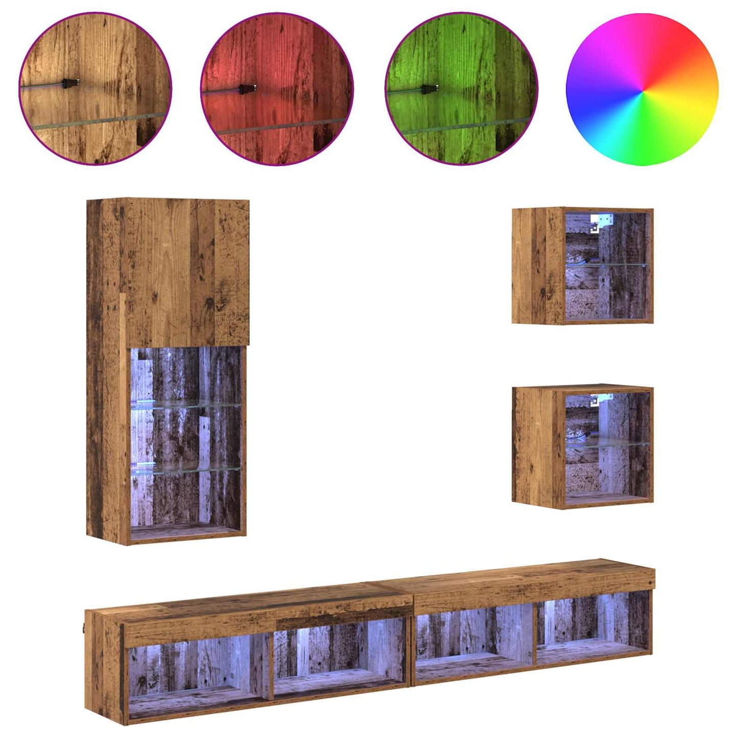 TV veggenheter med LED 5 pcs Gamle tre Konstruert tre