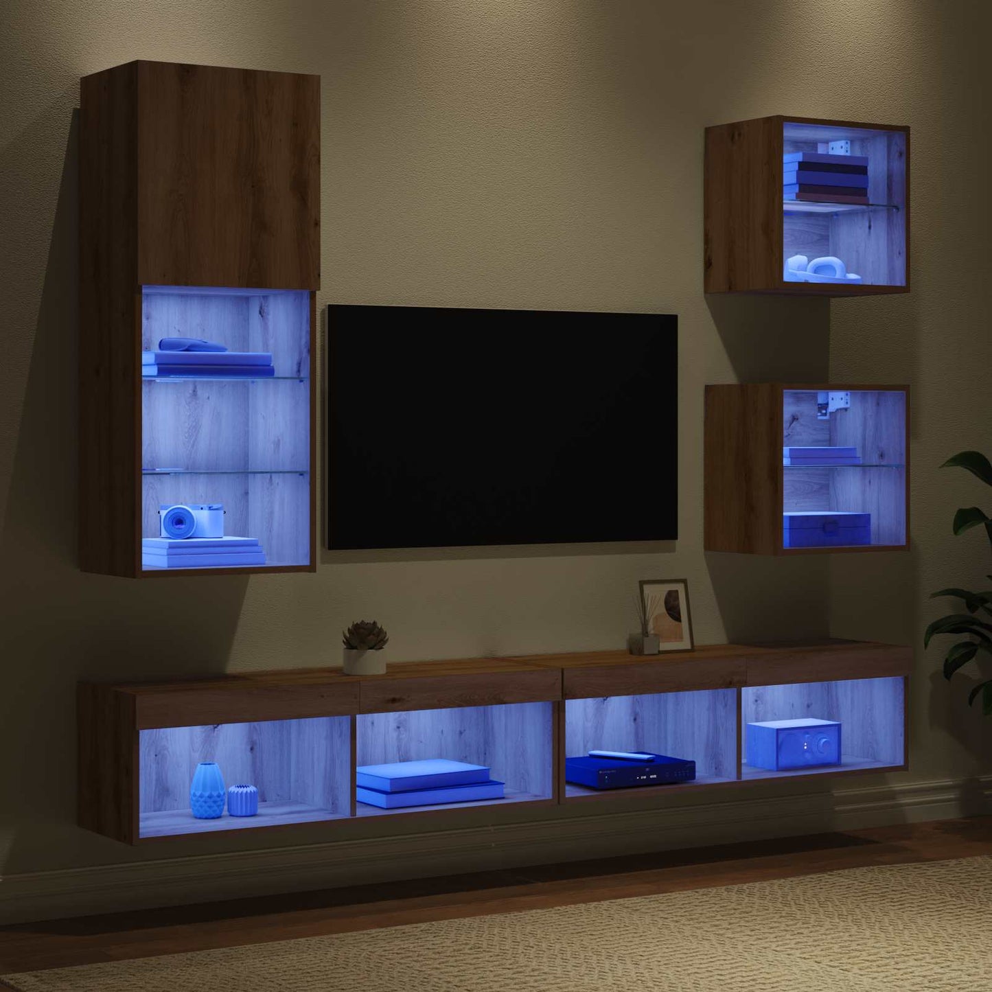 TV veggenheter med LED 5 pcs Artisan Eik Konstruert tre