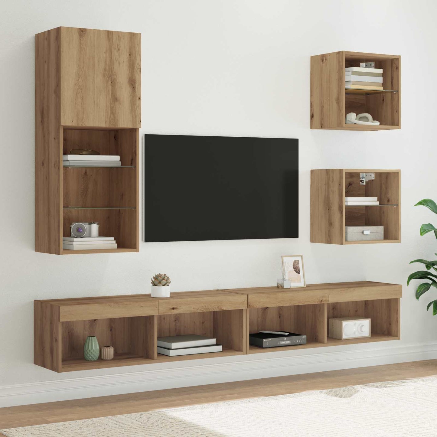 TV veggenheter med LED 5 pcs Artisan Eik Konstruert tre