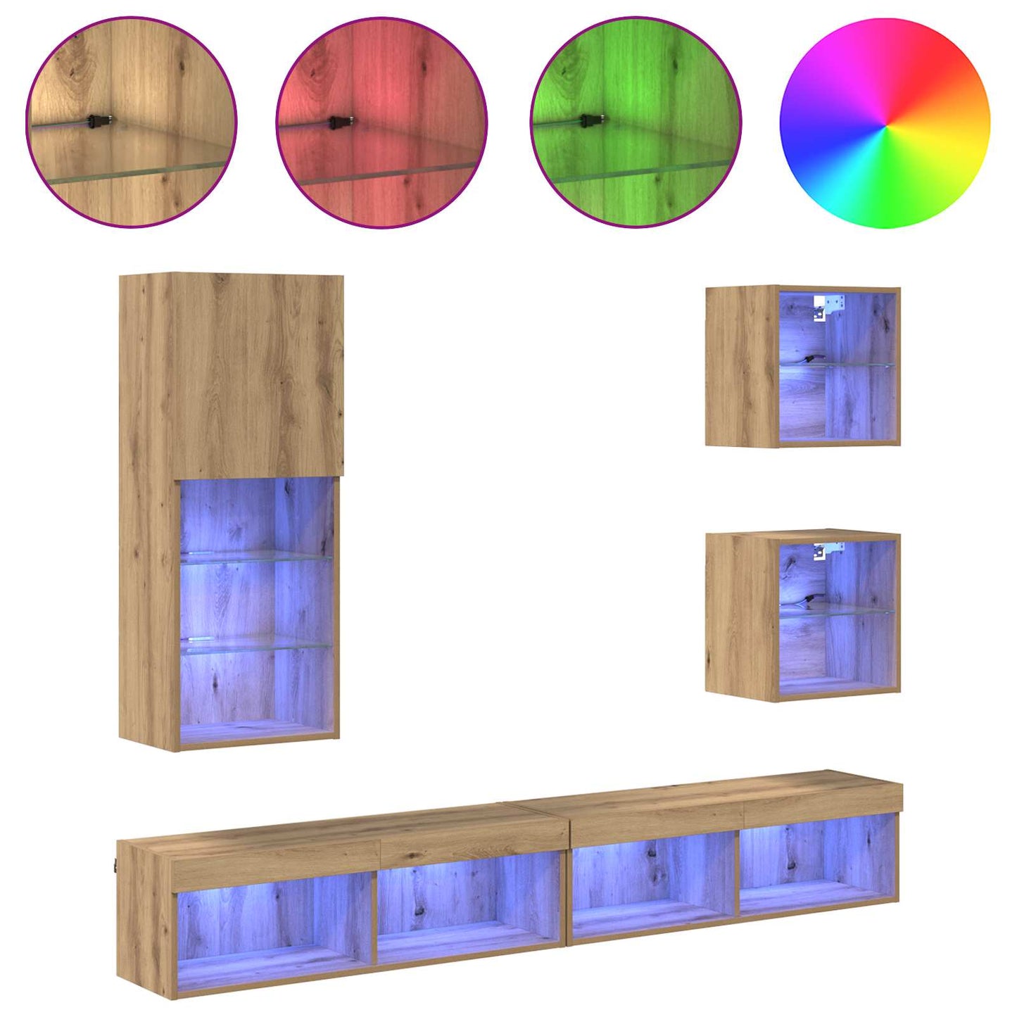 TV veggenheter med LED 5 pcs Artisan Eik Konstruert tre