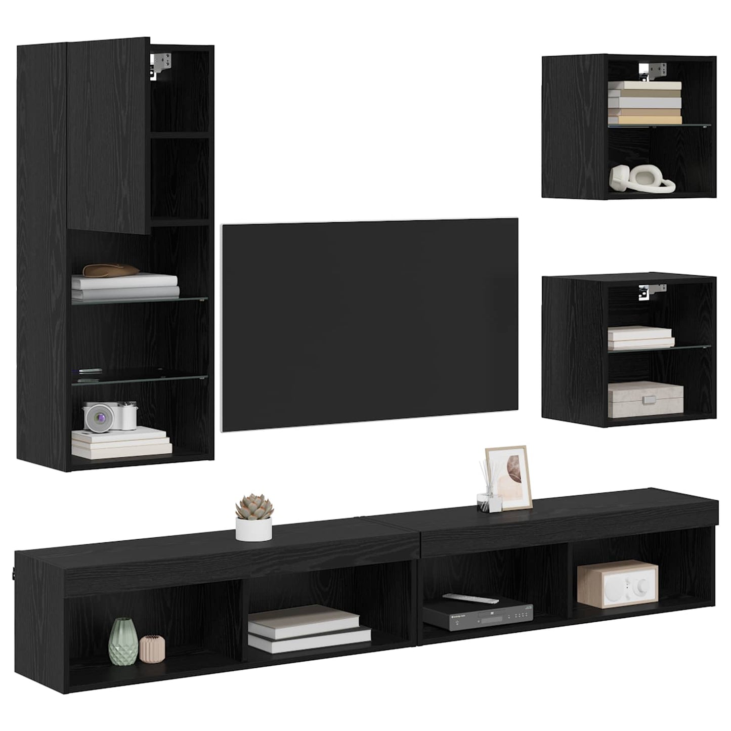 TV veggenheter med LED 5 pcs Svart Eik Konstruert tre