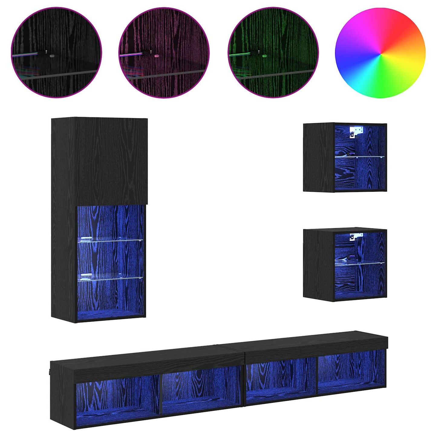 TV veggenheter med LED 5 pcs Svart Eik Konstruert tre