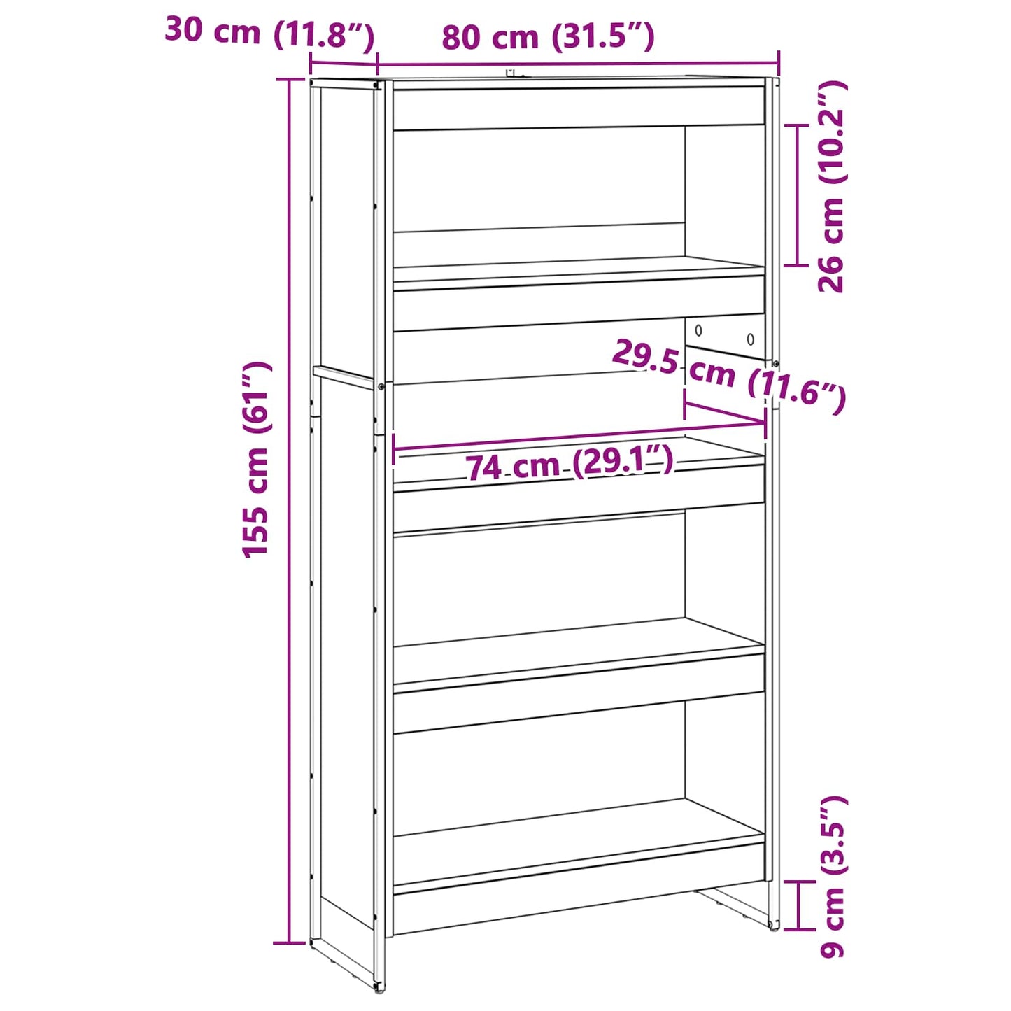 Bokskap 80 x 30 x 155 cm Konstruert tre Sonoma