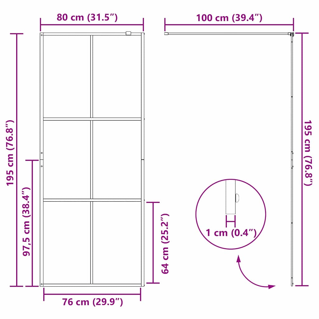 Walk-in Dusjvegg Svart 80 x 195 cm herdet glass
