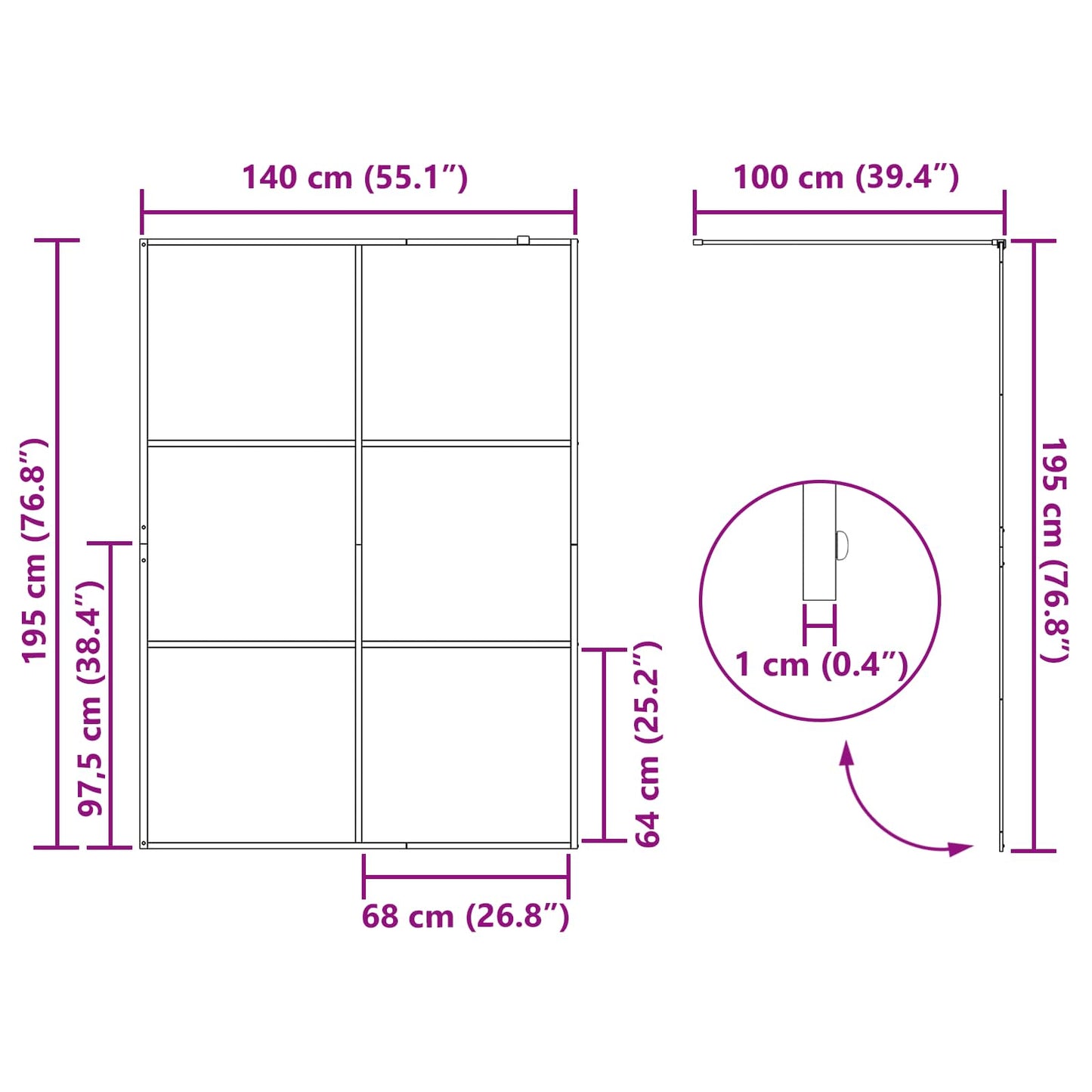 Walk-in Dusjvegg Svart 140 x 195 cm herdet glass