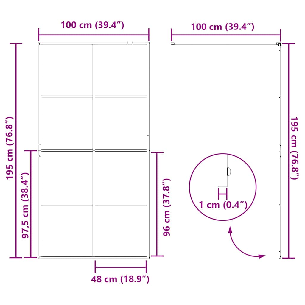 Walk-in Dusjvegg Svart 100 x 195 cm herdet glass