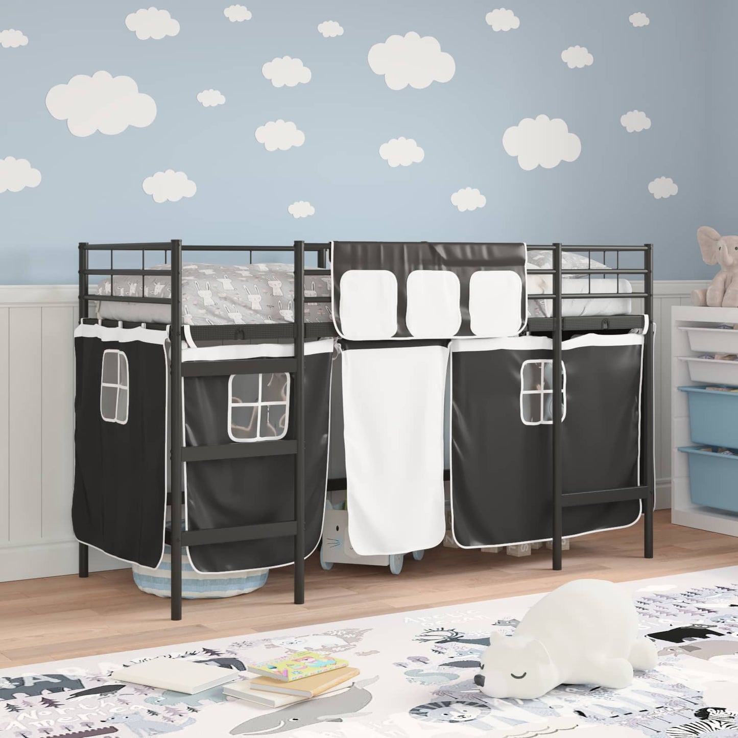Kiddos Loft Senge Ramme med Gardiner Svart 75 x 190 cm