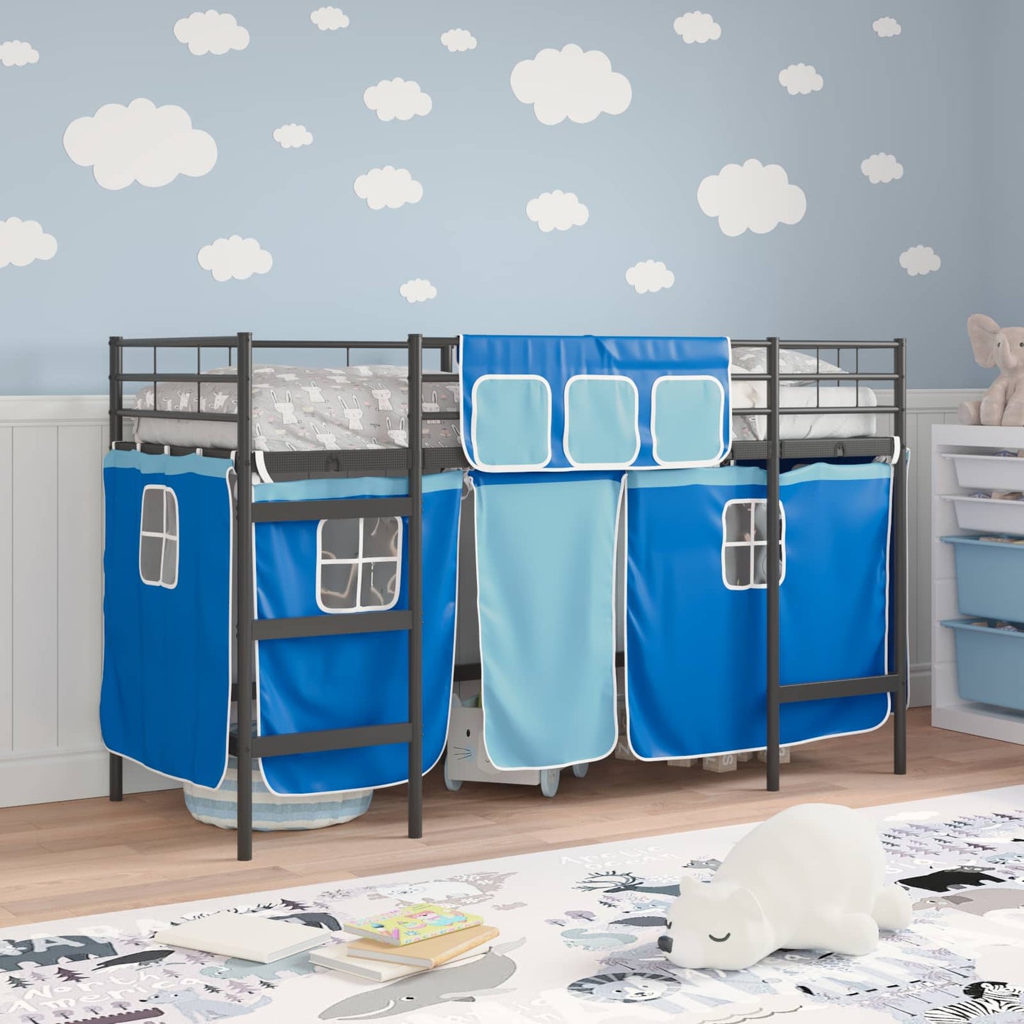 Kiddos Loft Senge Ramme med Gardiner Svart og Blå 90 x 190 cm