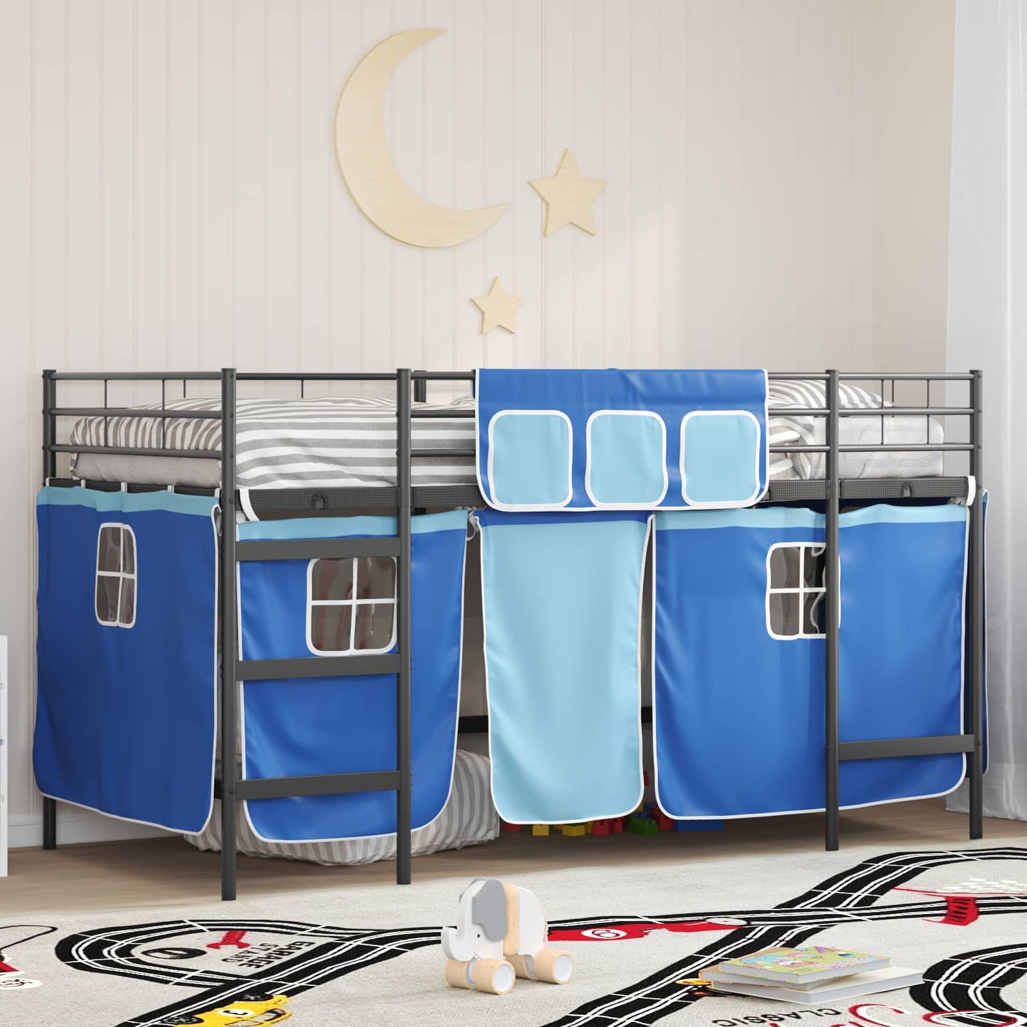 Kiddos Loft Senge Ramme med Gardiner Svart og Blå 90 x 200 cm
