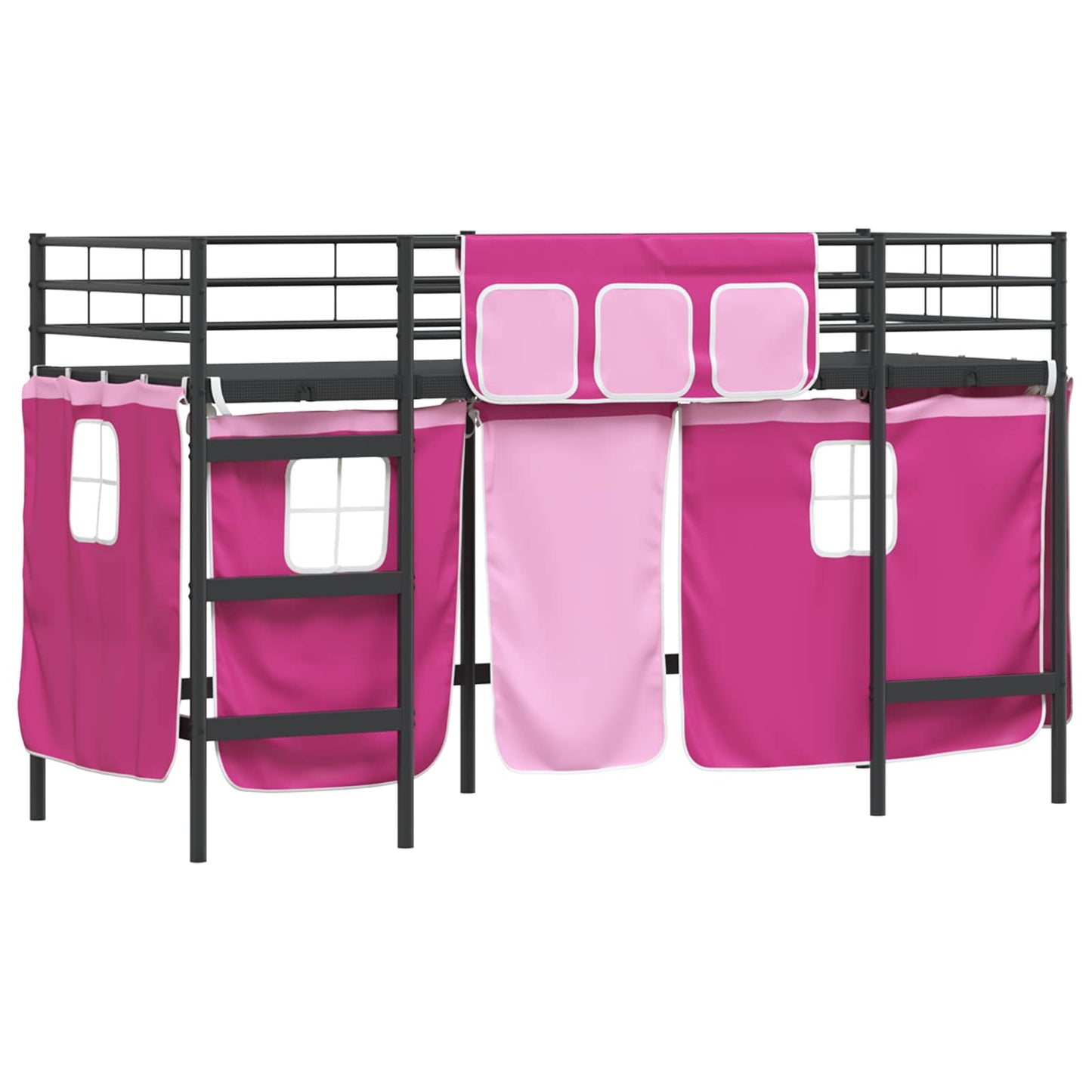 Kiddos Loft Senge Ramme med Gardiner Svart og Rosa 75 x 190 cm