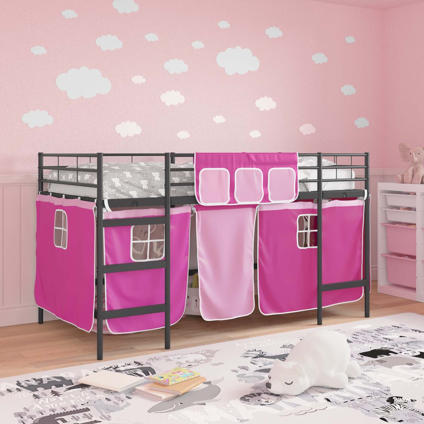Køyeseng for barn med gardiner Svart og Rosa 107 x 203 cm
