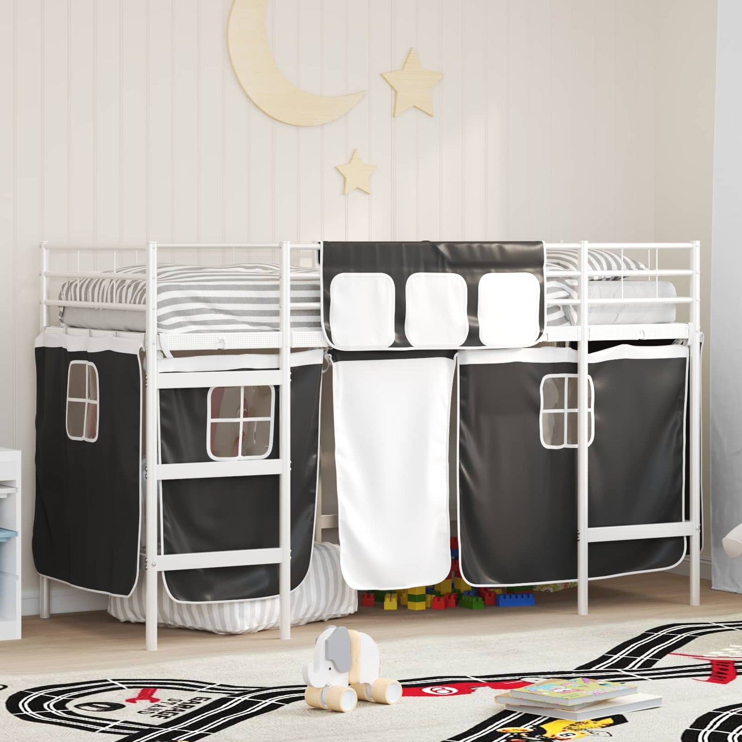 Kiddos Loft Senge Ramme med Gardiner Hvit og svart 90 x 190 cm