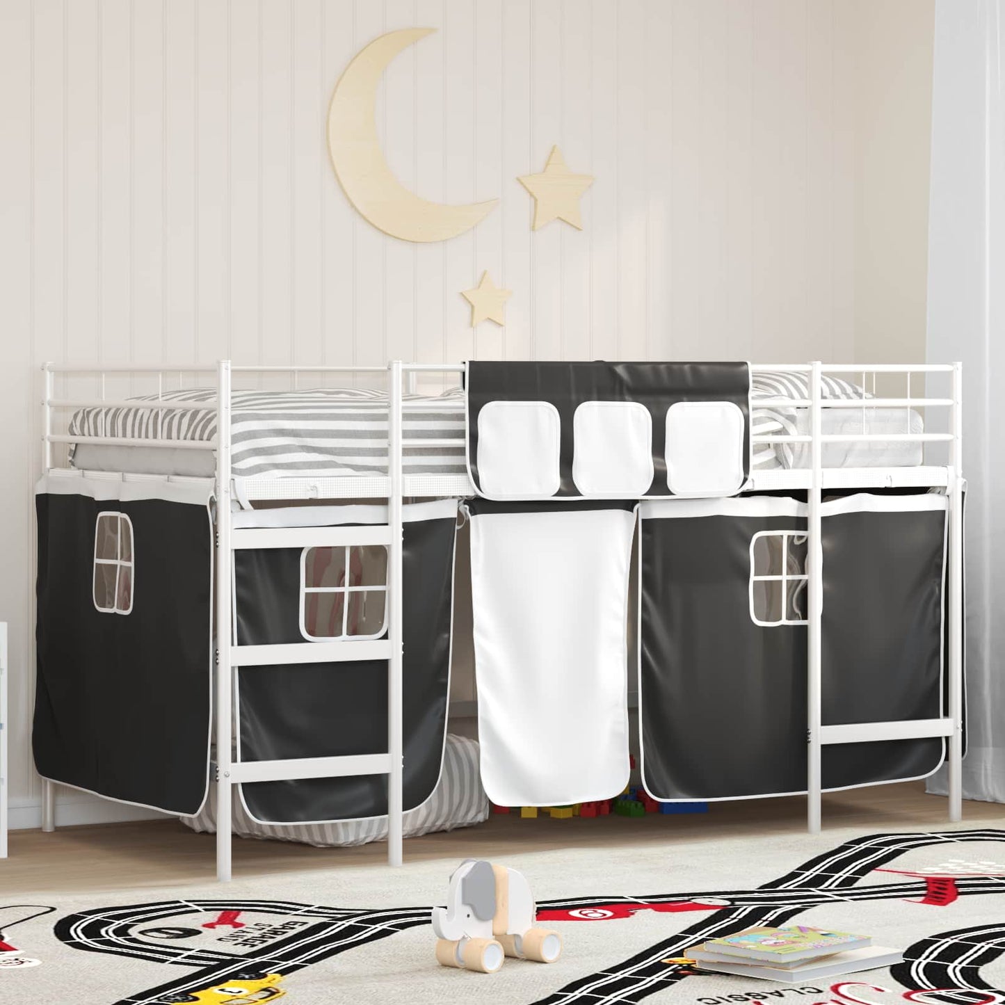 Kiddos Loft Senge Ramme med Gardiner Hvit og svart 100 x 200 cm