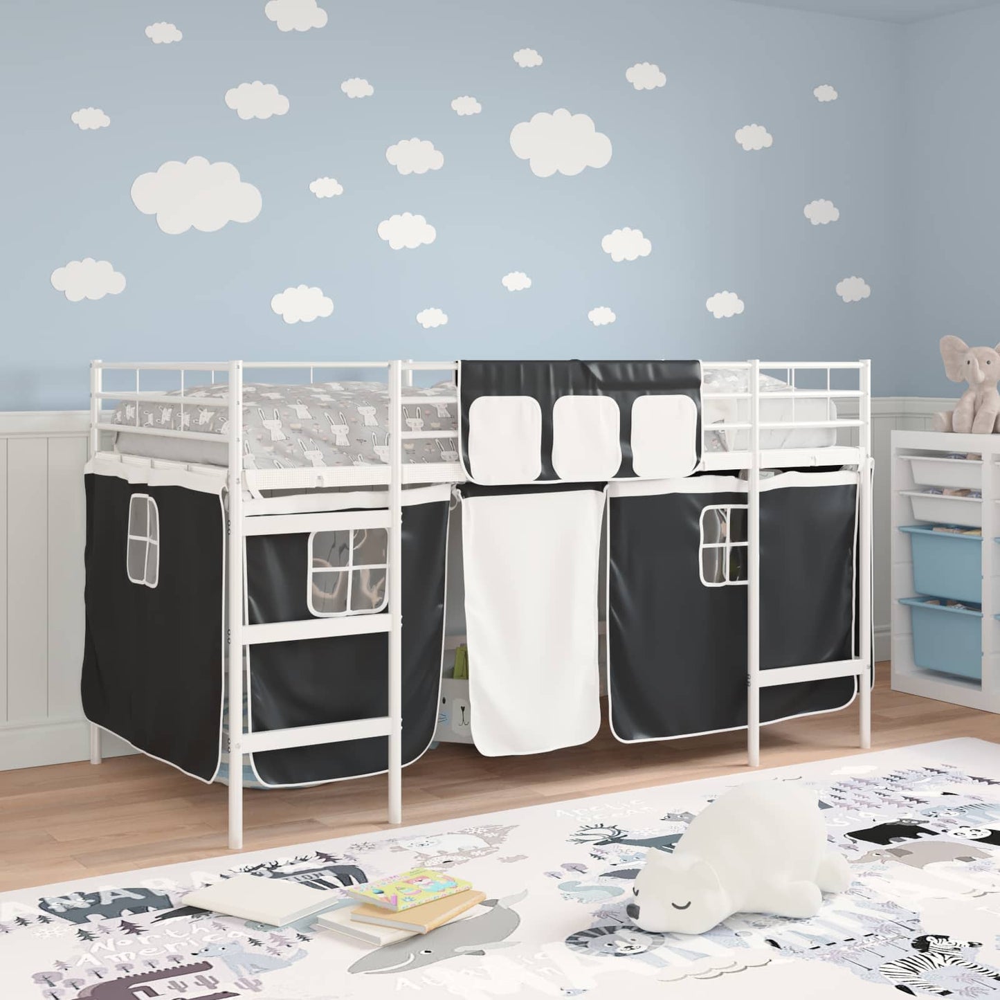 Kiddos Loft Senge Ramme med Gardiner Hvit og svart 107 x 203 cm
