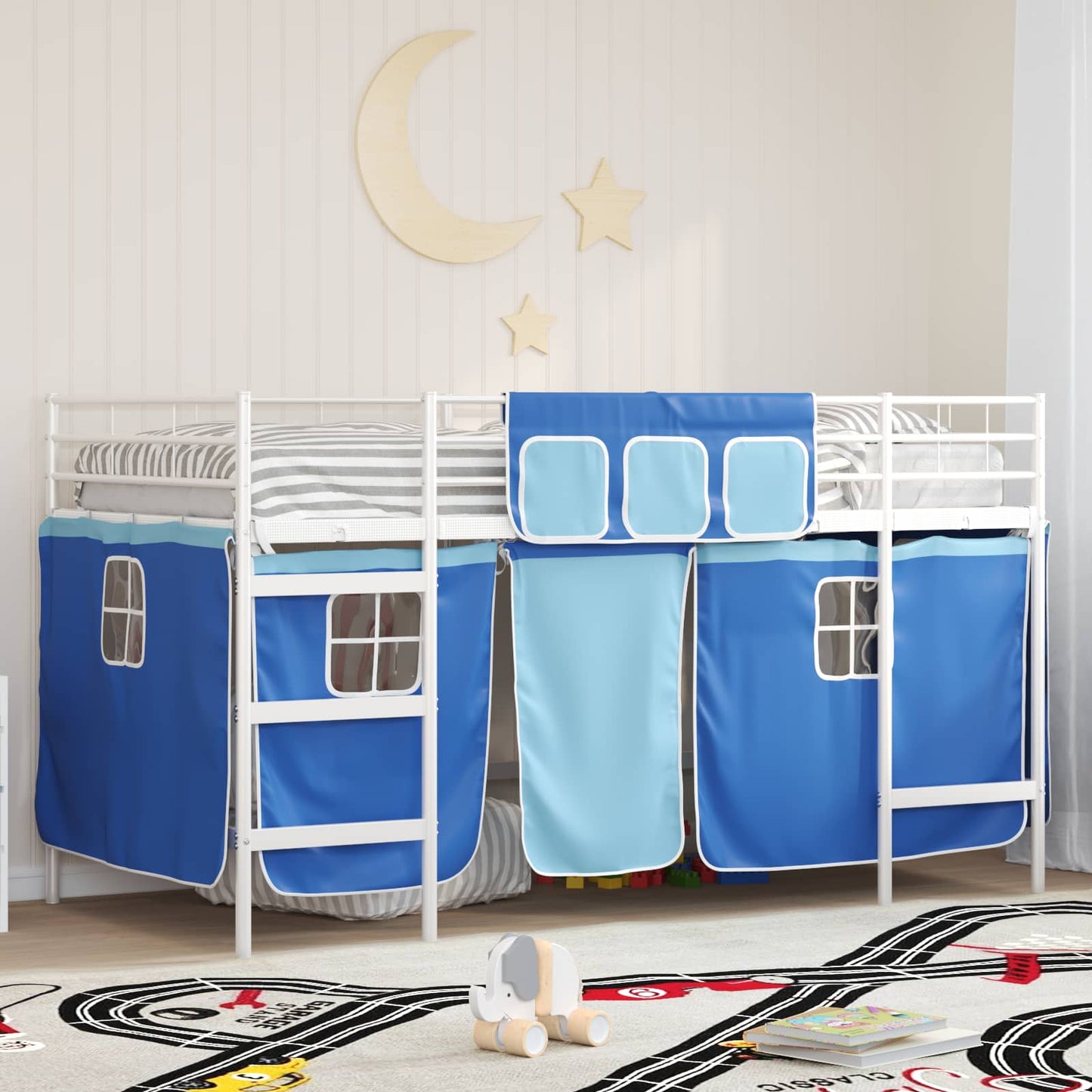 Kiddos Loft Senge Ramme med Gardiner Hvit og blå 107 x 203 cm