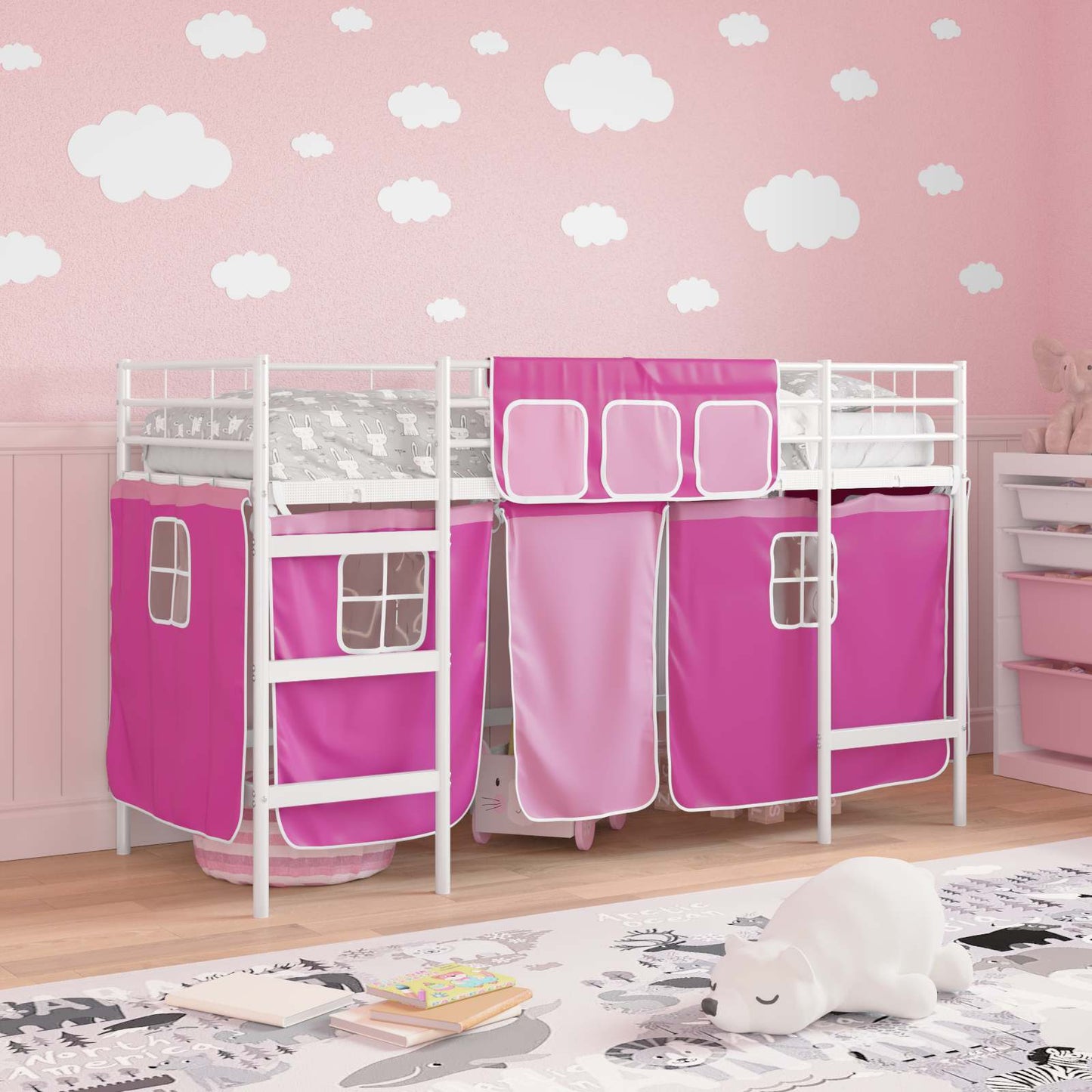 Kiddos Loft Senge Ramme med Gardiner Hvit og Rosa 90 x 190 cm