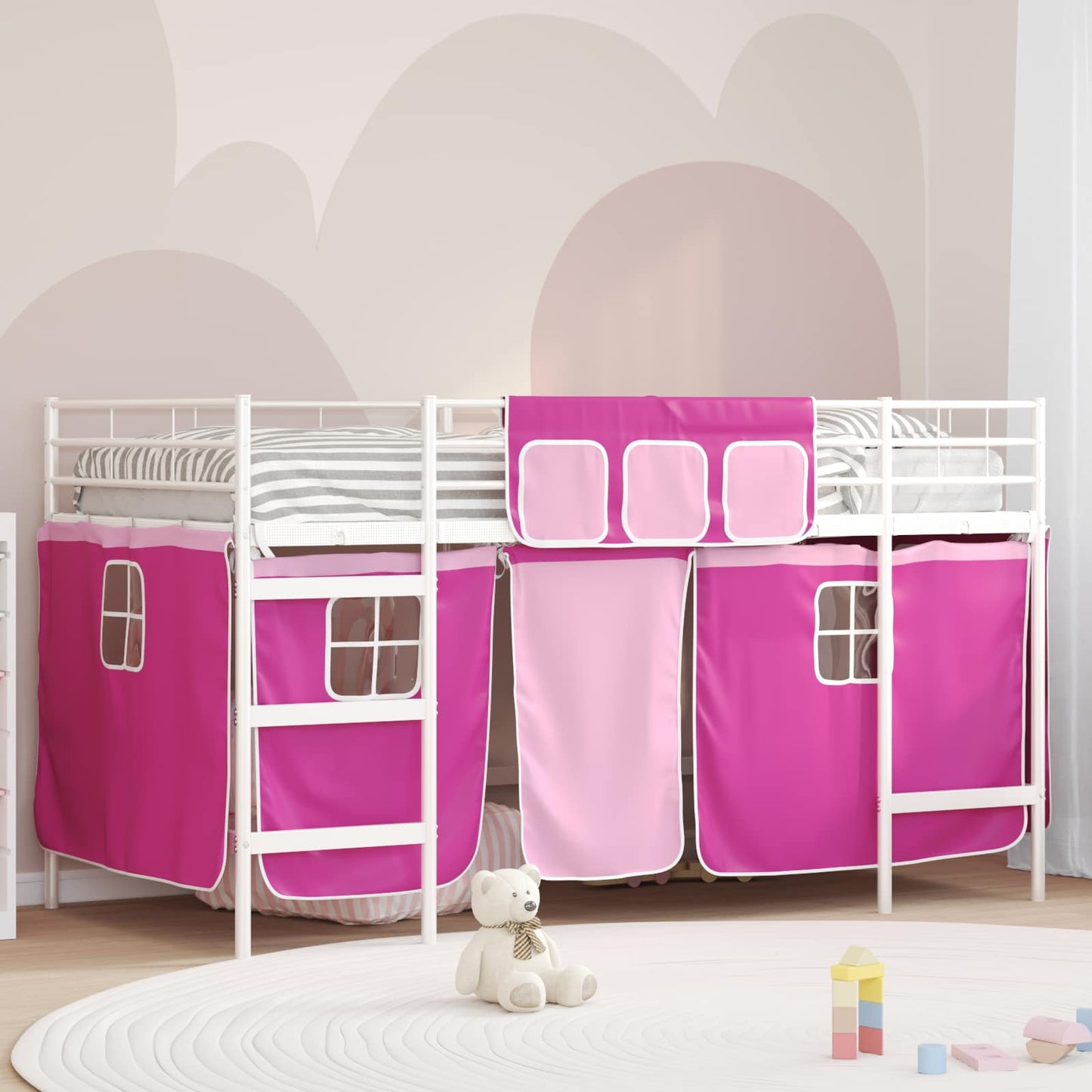 Kiddos Loft Senge Ramme med Gardiner Hvit og Rosa 100 x 200 cm