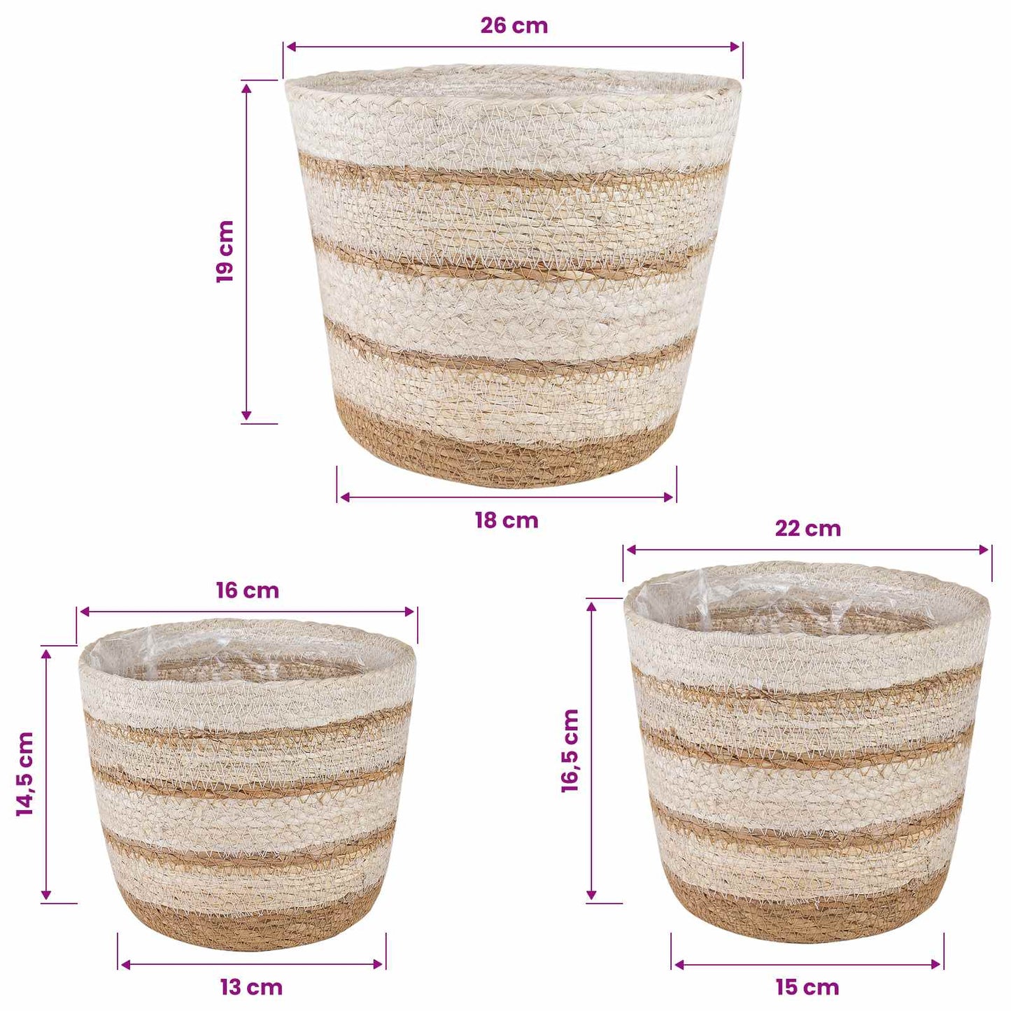 Sjøgress plantekurver 3 pcs Naturlig, Hvit og Beige Ø26 x 19 cm