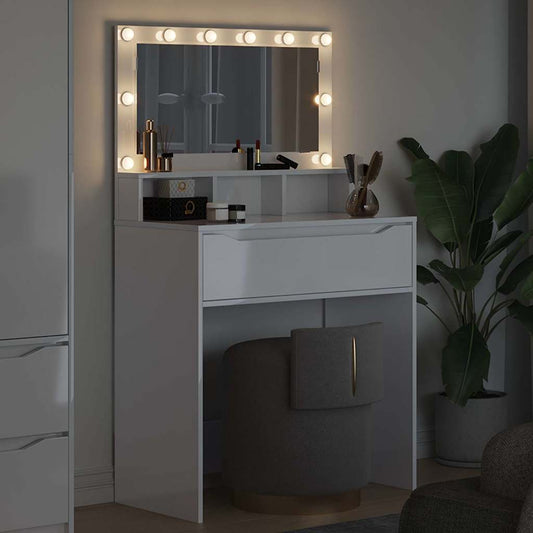 Soverom sminkebord med skuff Høyglanset hvit 80 x 39,6 x 135 cm