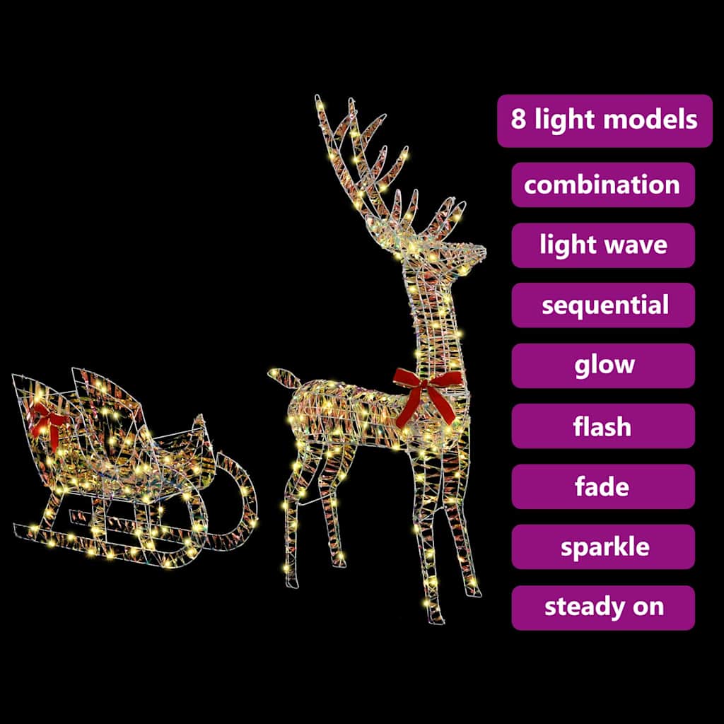 Reinsdyr Trekke Slede med 200 LED Varmhvit 70 x 26 x 129 cm PET