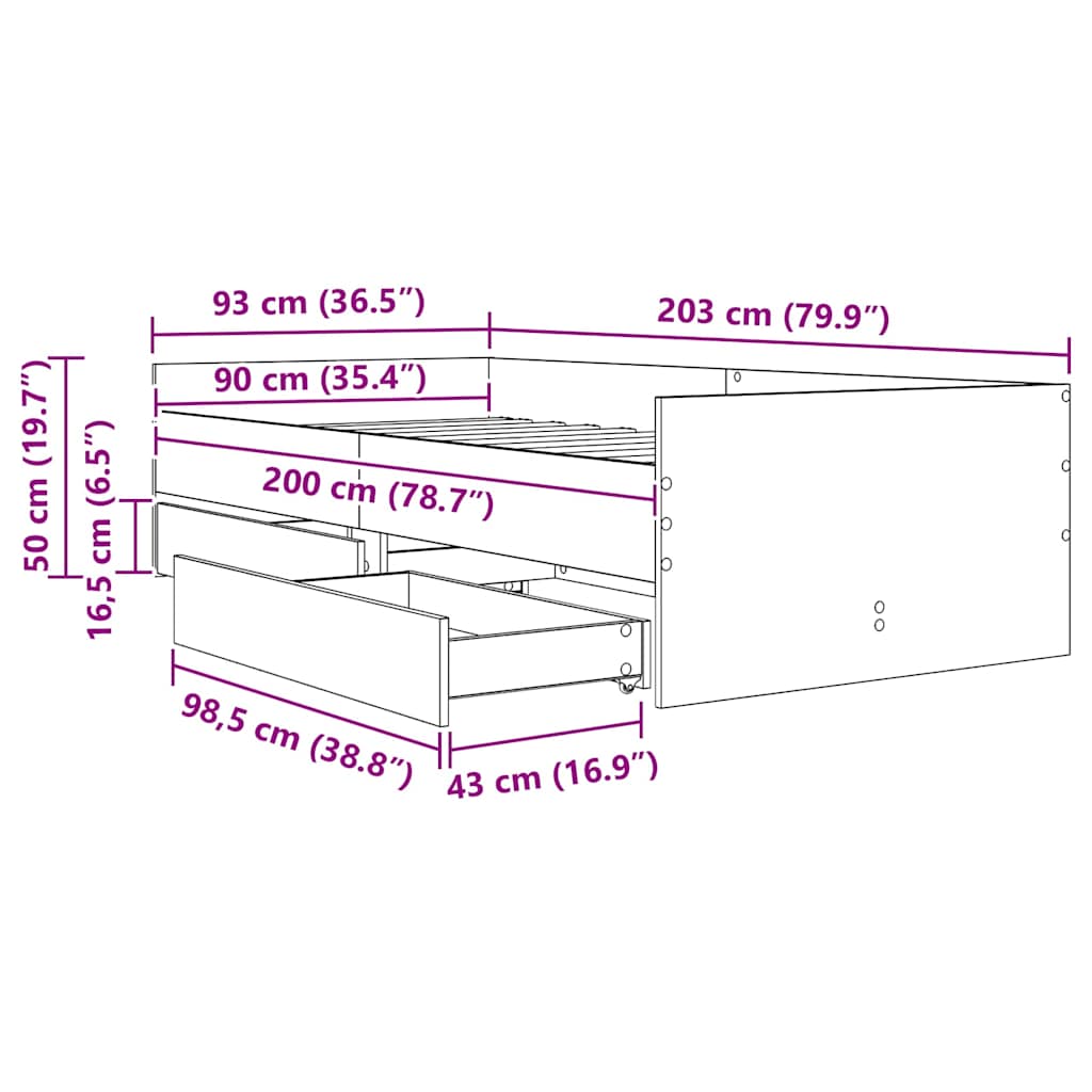 Sengestamme med skuff Gamle tre 90 x 200 cm Massiv furu