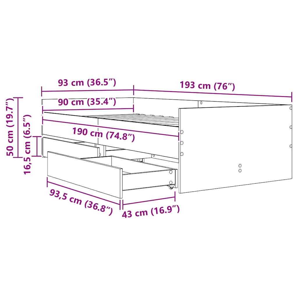 Sengestamme med skuff Svart Eik 90 x 190 cm Massiv furu